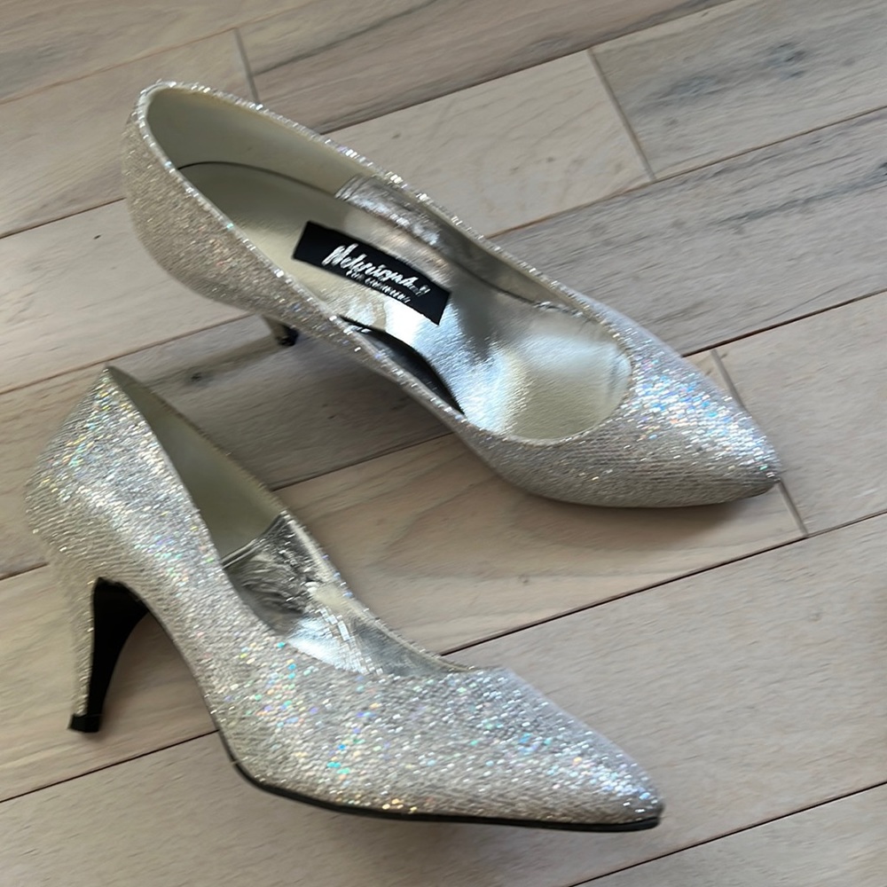 Silver iridescent heels size 6.5 and evening purse.